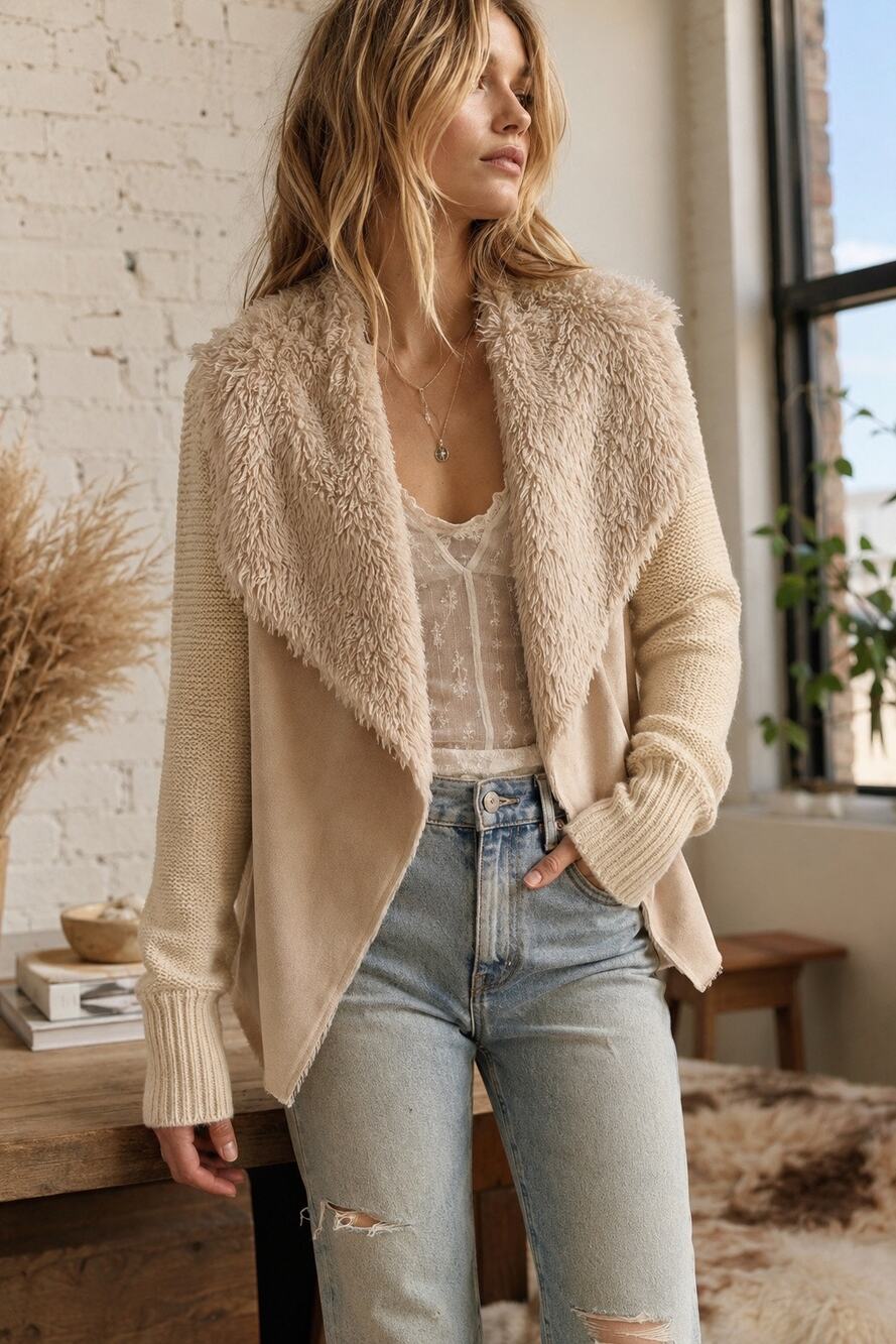 American Rag Cie Faux Fur Suede Knit Waterfall Cardigan Jacket Ivory S Boho Y2K